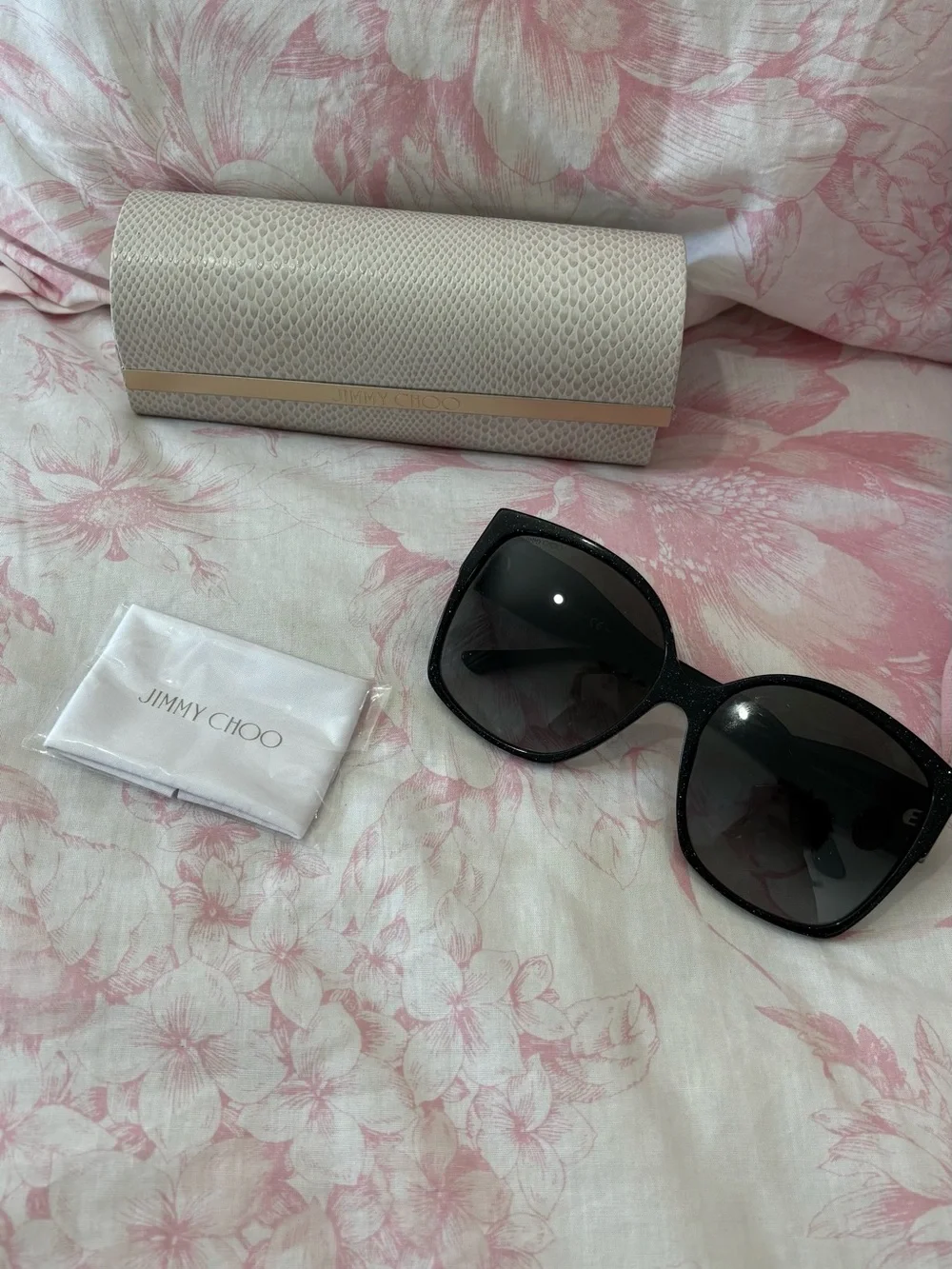 Jimmy Choo Black Oversized Square Sunglasses with Cream Case